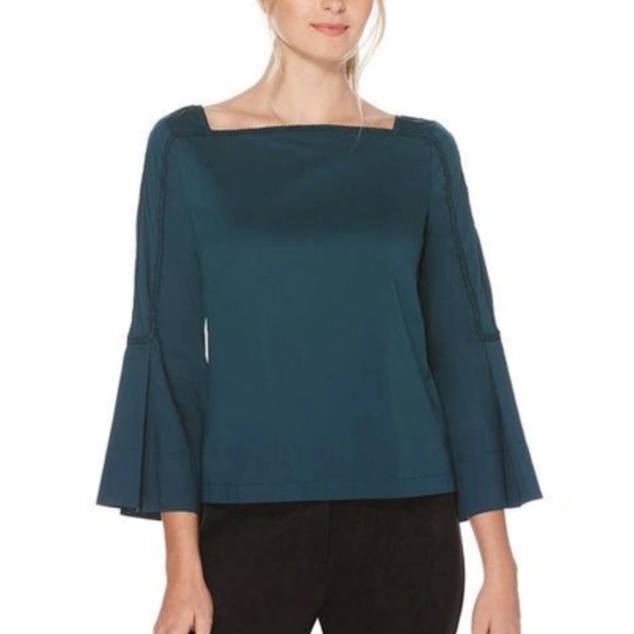 NWT LAUNDRY By Shelli Segal Teal Square Neck Poplin Top Reflecting Pond - Picture 1 of 8